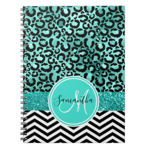 Cuaderno Turquesa Verde Azul Falso Brillo Estampado de Leop