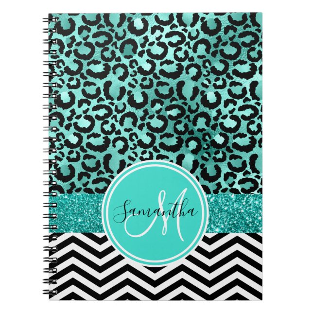 Cuaderno Turquesa Verde Azul Falso Brillo Estampado de Leop (Frente)