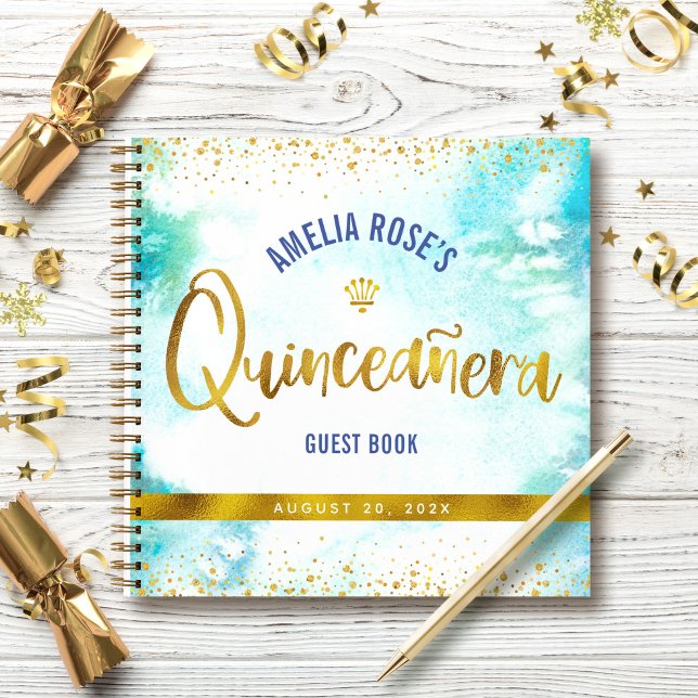 Cuaderno Turquoise Watercolor Gold Quinceañera Guest Book (Subido por el creador)