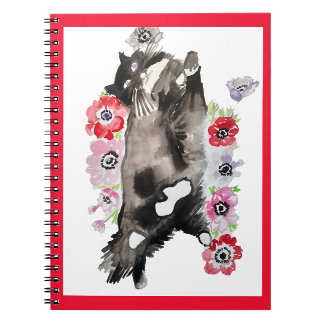 Cuaderno Tuxedo Cat Cute Bonitos Flores Gatos Acuarela (Frente)