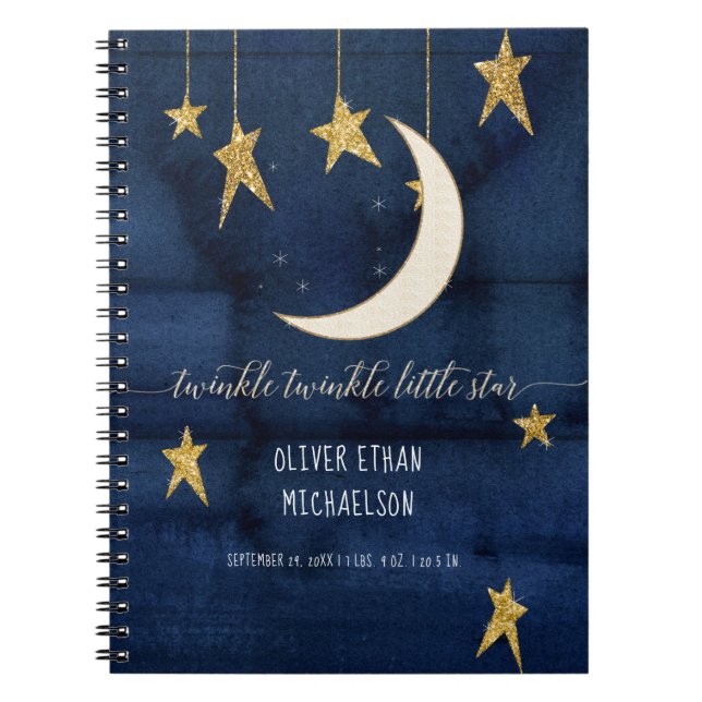 Cuaderno Twinkle Little Star Navy Wood Gold Boy Baby Shower (Frente)