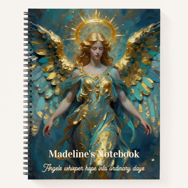 Cuaderno Un ángel personalizado de oro y turquesa hermoso (Anverso)