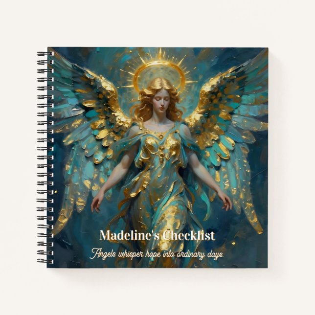 Cuaderno Un Ángel Personalizado Hermoso de Oro y Turquesa (Anverso)
