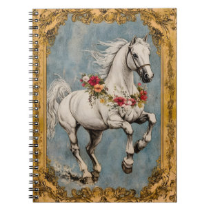 Cuaderno Un caballo blanco adornado con una guirnalda de fl