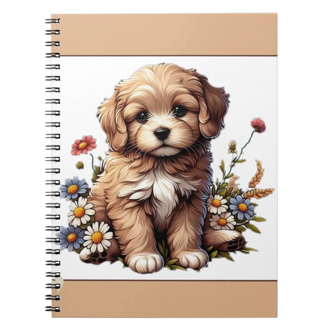 Cuaderno Un cachorro lindo y bonito en las flores silvestre (Frente)