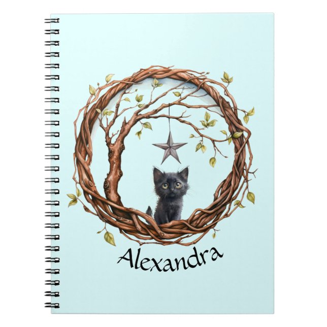 Cuaderno Un gatito negro lindo mirando una estrella (Frente)