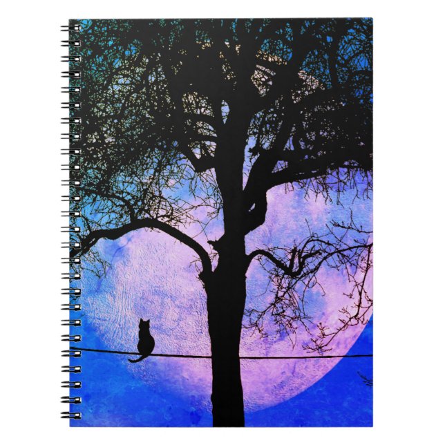 Cuaderno Un gato negro en un cable Luna llena (Frente)