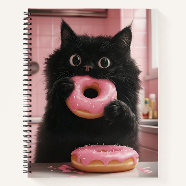 Cuaderno Un gato negro sostiene donuts rosados en sus patas (Anverso)