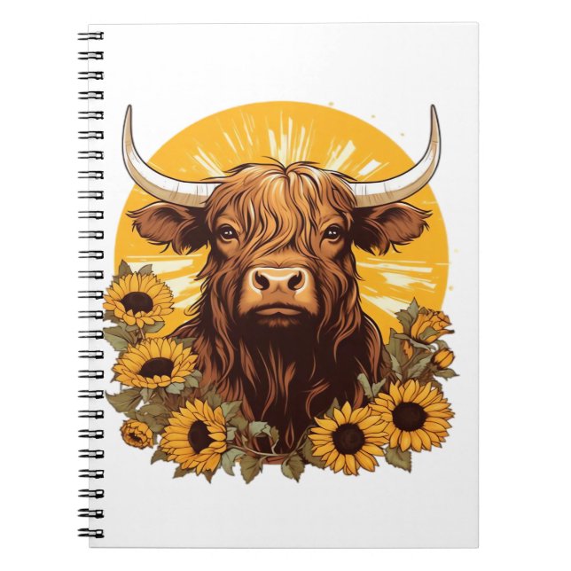 Cuaderno Un Ilustracion de vaca de Highland con Sunflowers  (Frente)