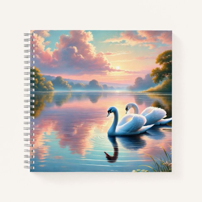 Cuaderno Un par de cisnes deslizándose en un sereno lago (Anverso)