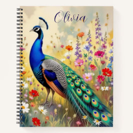 Cuaderno Un pavo real verde y azul entre flores Personaliza