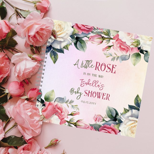 Cuaderno Un pequeño Rosa Chica floral Baby Shower Guest Boo (A Little Rose Is On The Way Pink Rose Bouquets Girl Baby Shower Guest Book Notebook --Damask Back)