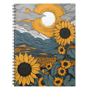 Cuaderno Un portátil con girasoles radiantes y C celeste