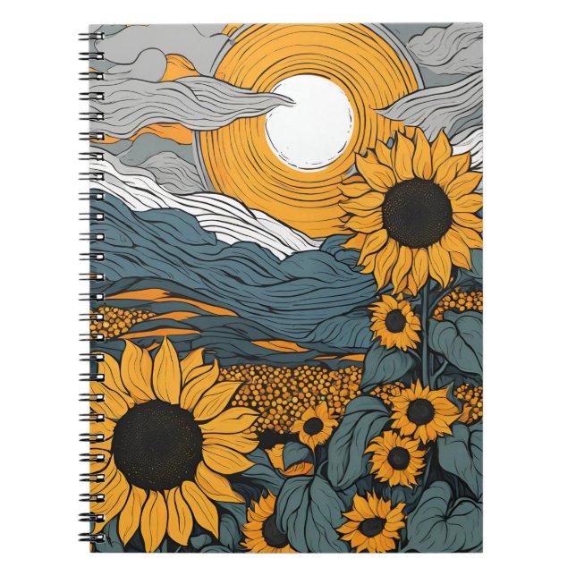 Cuaderno Un portátil con girasoles radiantes y C celeste (Frente)