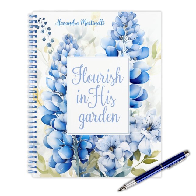 Cuaderno Un portátil personalizado florece en su jardín (Personalized Notebook Easter Gift Flourish in His Garden Christian Bluebonnet Floral)