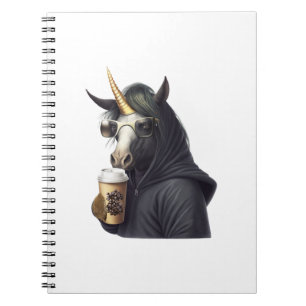 Cuaderno Un unicornio con capucha bebe un café.