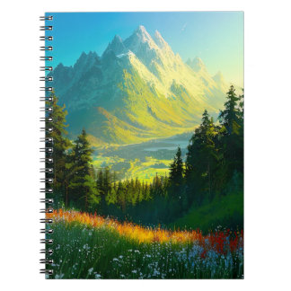 Cuaderno Un valle verde floreciente con el bosque de pinos