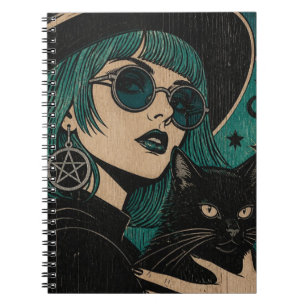 Cuaderno Una bruja con su gato negro Grabado en madera