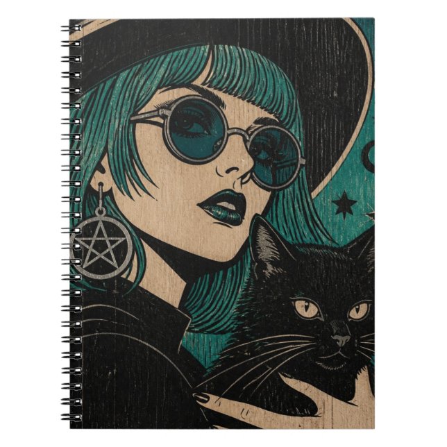 Cuaderno Una bruja con su gato negro Grabado en madera (Frente)