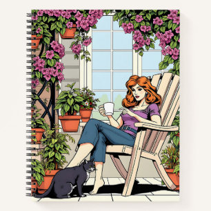 Cuaderno Una mujer con café, gato y plantas