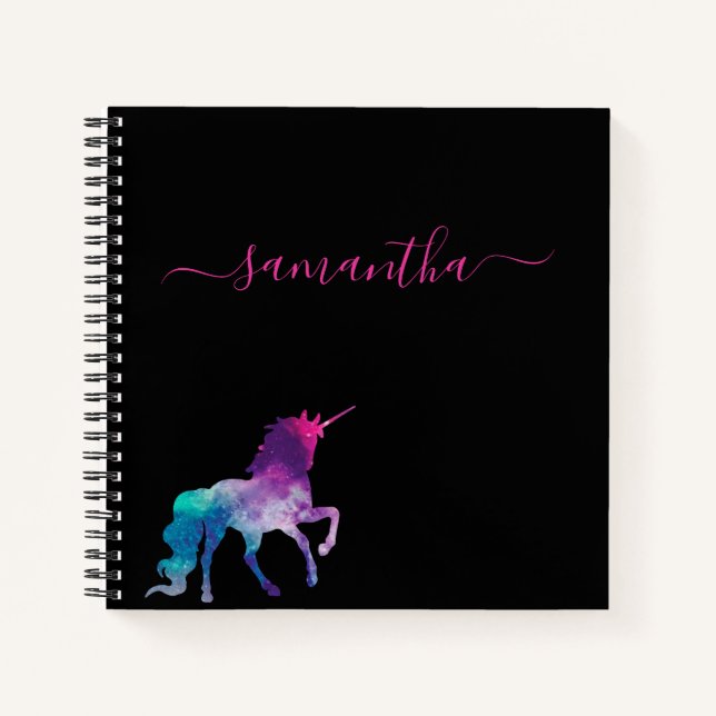 Cuaderno Unicorn black purple pink monogram script (Anverso)