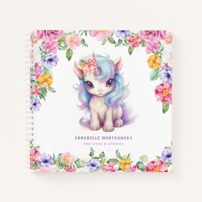 Cuaderno Unicornio Arcoíris Nombre Personalizado Boceto de  (Anverso)