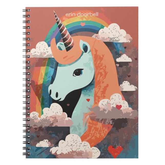 Cuaderno Unicornio bajo arcoiris y entre corazones (Frente)