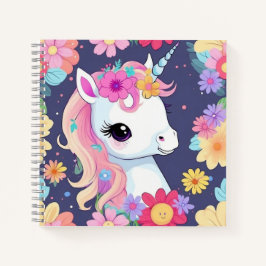 Cuaderno Unicornio blanco adorable con flores