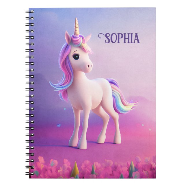 Cuaderno Unicornio blanco lindo con forma rosa y azul (Frente)