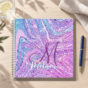 Cuaderno Unicornio brillo arcoíris arte de mármol femenino