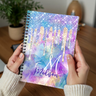 Cuaderno Unicornio chic azul acuático que gotea monograma d