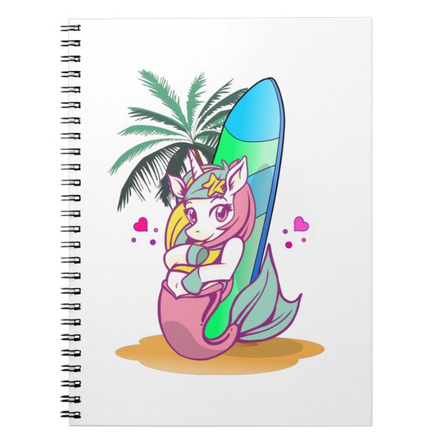 Cuaderno Unicornio con tabla de surf en la playa (Frente)