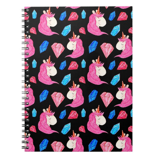 Cuaderno Unicornio, cristales: mágico patrón de acuarela. (Frente)