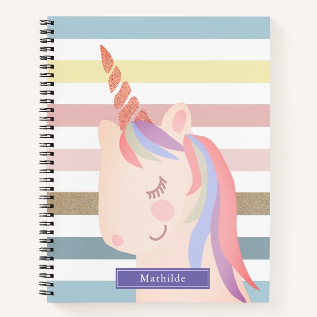 Cuaderno Unicornio de rayas arcoiris mágicas (Anverso)