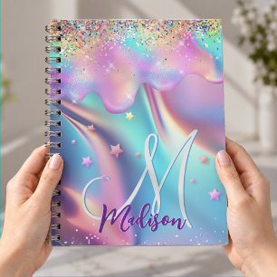 Cuaderno Unicornio holográfico chic que gotea monograma de 