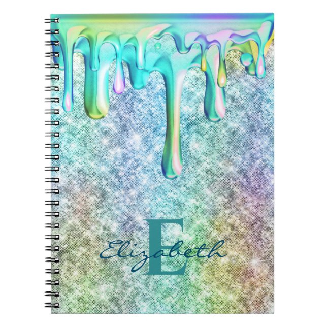 Cuaderno Unicornio lindo Brillo iridiscente gotas Brillo fa (Frente)
