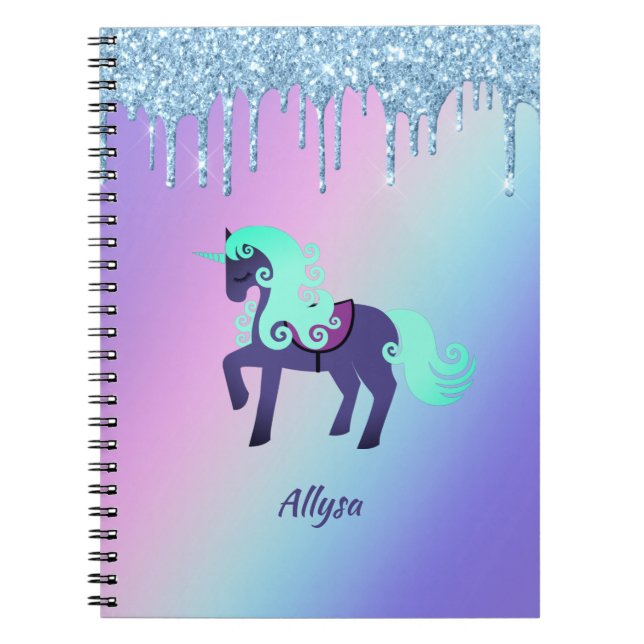 Cuaderno Unicornio Purpurinoso con fondo de pastel arcoiris (Frente)