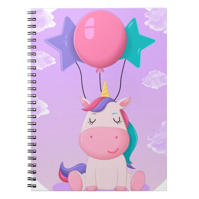 Cuaderno Unicornio Sentado y Globos Lila Adorable (Frente)