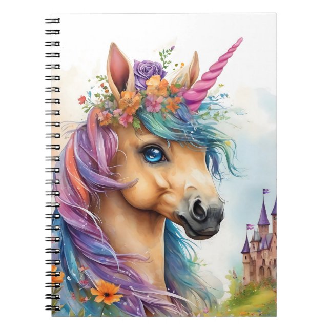 Cuaderno Unicornio Soñador Acuarela con Castillo y Flores (Frente)