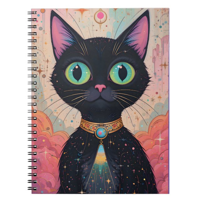 Cuaderno Universo de gato negro futurista atómico (Frente)
