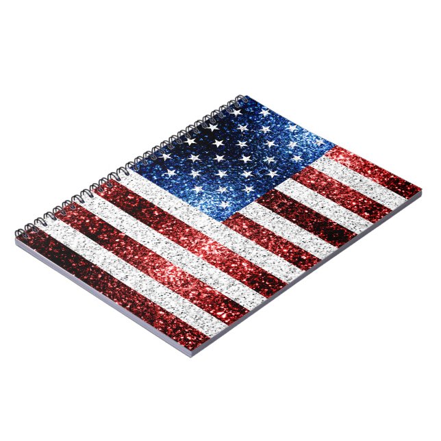 Cuaderno USA flag red white blue sparkles glitters (Lado Izquierdo)