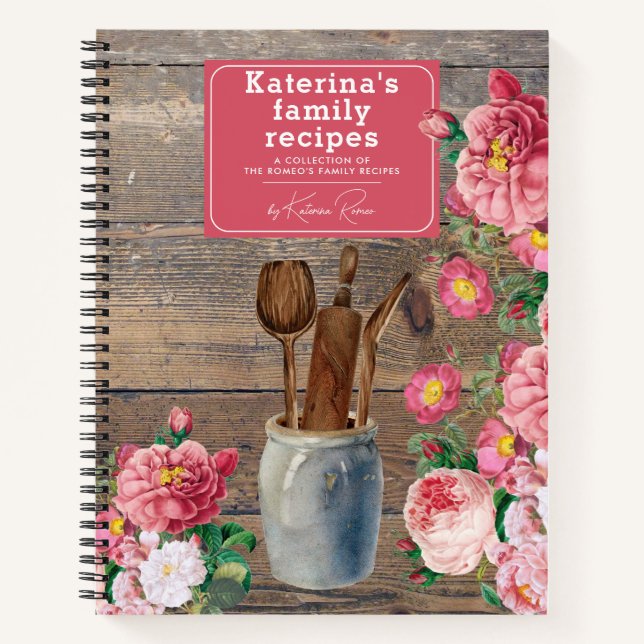 Cuaderno Utensilios de cocina de madera Rosas rosadas Recet (Anverso)