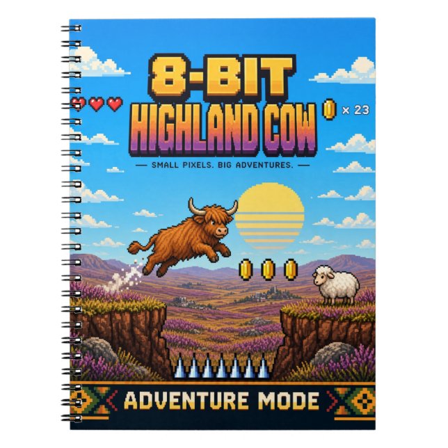 Cuaderno Vaca de las Tierras Altas, Arte de Pixel de 8 Bits (Frente)