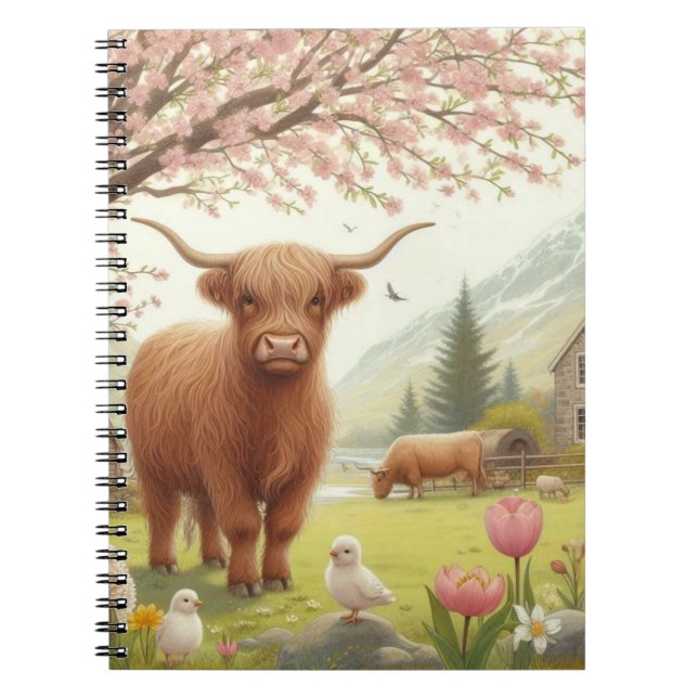 Cuaderno Vaca de tierras altas, con flores y primavera (Frente)