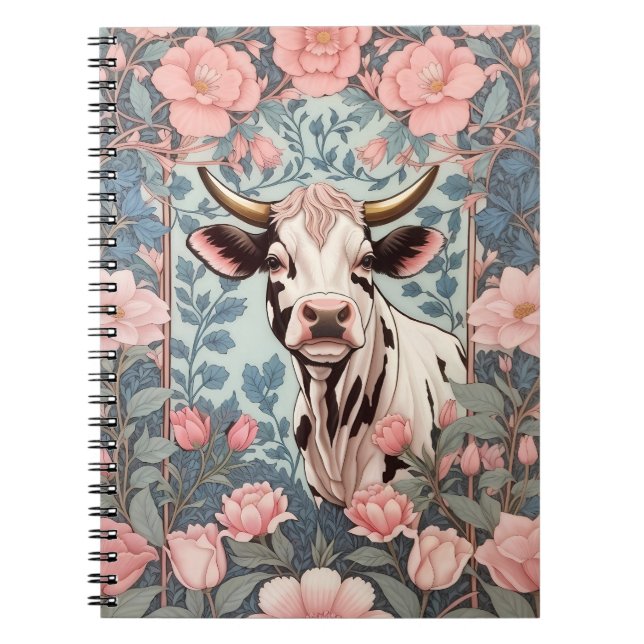 Cuaderno Vaca dulce con fondo floral rosado (Frente)