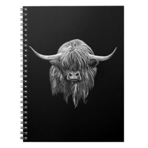 Cuaderno Vaca escocesa de la montaña en blanco y negro