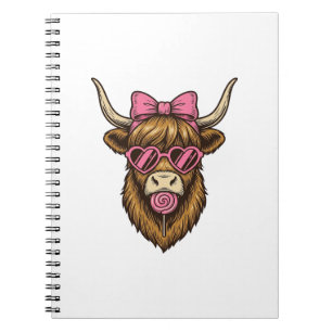 Cuaderno Vaca Highland adorable con gafas de corazón rosa V