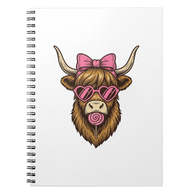 Cuaderno Vaca Highland adorable con gafas de corazón rosa V (Frente)