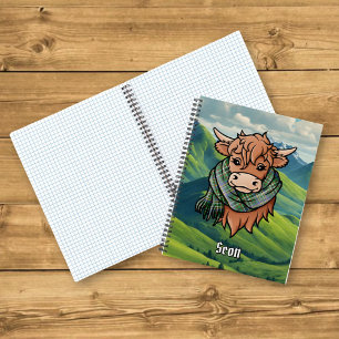 Cuaderno Vaca Highland con Scott Green Tartan Scarf