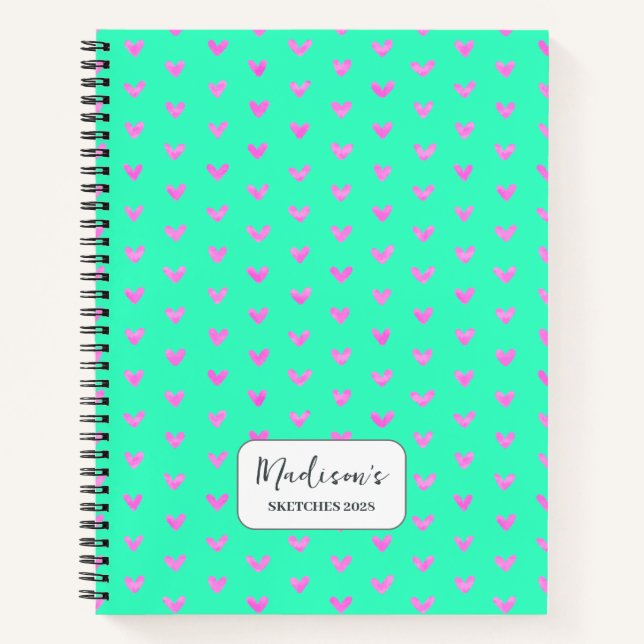 Cuaderno Valentine Pink Hearts Bright Green Personalizado (Anverso)